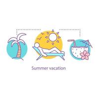 icono de concepto de descanso de verano. Ilustración de línea fina de idea de viaje. tumbona, piña colada, palma. balneario. vacaciones. dibujo de contorno aislado vectorial vector