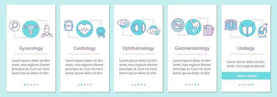 pantalla de la página de la aplicación móvil de incorporación de atención médica con conceptos. ginecología, cardiología, oftalmología, gastroenterología, urología pasos instrucciones gráficas. ux, ui, plantilla de vector de interfaz gráfica de usuario con ilustraciones