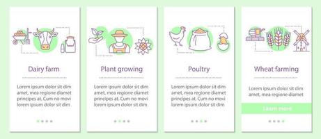 Agriculture onboarding mobile app page screen with linear concepts. Dairy and poultry farms, plants growing, wheat farming steps graphic instructions. UX, UI, GUI vector template with illustrations