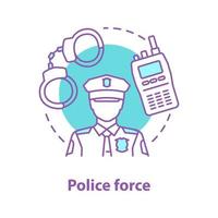 Police force concept icon. Law enforcement idea thin line illustration. Policeman, walkie talkie, handcuffs. Vector isolated outline drawing