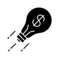 Business idea glyph icon. Fast business start. Flying light bulb with dollar sign inside. Startup launch. Silhouette symbol. Negative space. Vector isolated illustration