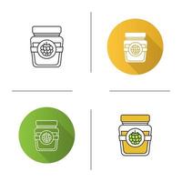 Raspberry or blackberry jam jar icon. Fruit preserve. Flat design, linear and color styles. Isolated vector illustrations