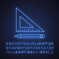 Triangular ruler with pencil neon light icon. Drafting glowing sign with alphabet, numbers and symbols. Vector isolated illustration