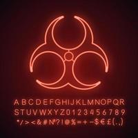 Biohazard danger neon light icon. Bio hazard caution. Glowing sign with alphabet, numbers and symbols. Vector isolated illustration