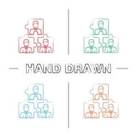 Teamwork hand drawn icons set. Team problem solving. Personnel interaction. Partnership. Color brush stroke. Staff puzzles. Isolated vector sketchy illustrations