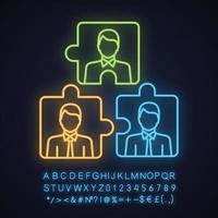 Teamwork neon light icon. Team problem solving. Personnel interaction. Partnership. Glowing sign with alphabet, numbers and symbols. Staff puzzles. Vector isolated illustration