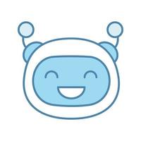 Laughing robot emoji color icon. Happy chatbot smiley with broad smile and closed eyes. Chat bot emoticon. Artificial conversational entity. Artificial intelligence. Isolated vector illustration