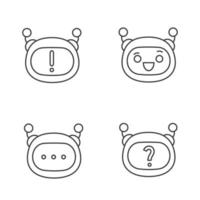 Robot emojis linear icons set. Chatbot emoticons. Chat bot notification and FAQ, laughing smiley, chatbot message. Thin line contour symbols. Isolated vector outline illustrations. Editable stroke