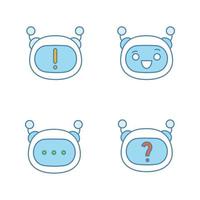 Conjunto de iconos de color de emojis de robot. emoticonos de chatbot. notificación de chat bot y preguntas frecuentes, smiley riendo, mensaje de chatbot. inteligencia artificial. asistente virtual. ilustraciones vectoriales aisladas vector