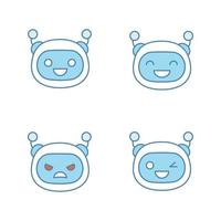 Robot emojis color icons set. Chatbot emoticons. Laughing, happy, angry, winky chat bot smileys. Artificial intelligence. Virtual assistant.Isolated vector illustrations