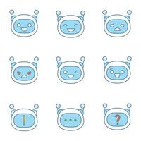 Robot emojis color icons set. Chatbot emoticons. Chat bot smileys. Artificial intelligence. Virtual assistant. Artificial conversational entity. Isolated vector illustrations