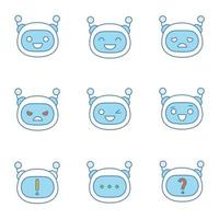 Robot emojis color icons set. Chatbot emoticons. Chat bot smileys. Artificial intelligence. Virtual assistant. Artificial conversational entity. Isolated vector illustrations