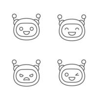 Robot emojis linear icons set. Chatbot emoticons. Laughing, happy, angry, winky chat bot smileys. Thin line contour symbols. Virtual assistant. Isolated vector outline illustrations. Editable stroke