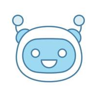 Laughing robot emoji color icon. Happy chatbot smiley with broad smile and open eyes. Chat bot emoticon. Artificial conversational entity. Artificial intelligence. Isolated vector illustration