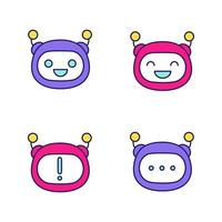 Conjunto de iconos de color de emojis de robot. emoticonos de chatbot. riendo, feliz, chat bot emoticonos. notificación y mensaje de chatbot. inteligencia artificial. asistente virtual. ilustraciones vectoriales aisladas vector