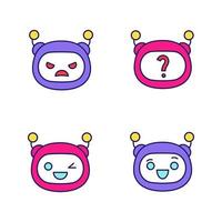 Conjunto de iconos de color de emojis de robot. emoticonos de chatbot. emoticonos de bot de chat enojados, guiños y risueños. preguntas frecuentes del chatbot. inteligencia artificial. asistente virtual. ilustraciones vectoriales aisladas vector