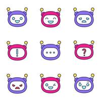 Robot emojis color icons set. Chatbot emoticons. Chat bot smileys. Artificial intelligence. Virtual assistant. Artificial conversational entity. Isolated vector illustrations