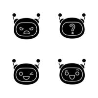 Robot emojis glyph icons set. Chatbot emoticons. Angry, winky, laughing chat bot smileys. Chatbot FAQ. Artificial intelligence. Virtual assistant. Silhouette symbols. Vector isolated illustration