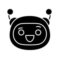 Excited robot emoji glyph icon. Laughing chatbot smiley with broad smile and open eyes. Silhouette symbol. Happy chat bot emoticon. Negative space. Vector isolated illustration