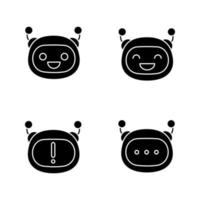 Robot emojis glyph icons set. Chatbot emoticons. Laughing, happy, chat bot smileys. Chatbot notification and message. Artificial intelligence. Silhouette symbols. Vector isolated illustration