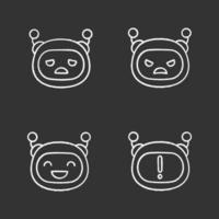 Robot emojis chalk icons set. Chatbot emoticons. Sad, angry, happy chat bot smileys. Chatbot notification. Artificial intelligence. Isolated vector chalkboard illustrations