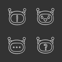 Robot emojis chalk icons set. Chatbot emoticons. Chat bot notification and FAQ, laughing smiley, chatbot message. Artificial intelligence. Virtual assistant. Isolated vector chalkboard illustrations