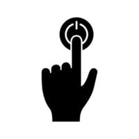 Power button click glyph icon. Silhouette symbol. Start. Turn on. Hand pressing button. Negative space. Vector isolated illustration