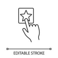 Add to favorite button click linear icon. Bookmark. Thin line illustration. Hand pressing button. Contour symbol. Vector isolated outline drawing. Editable stroke