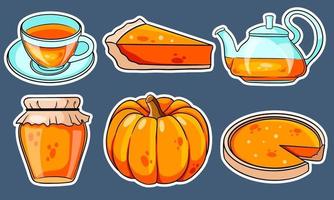 conjunto de otoño. calabaza, té caliente, tetera, taza, pastel de calabaza, mermelada. pegatinas. vector