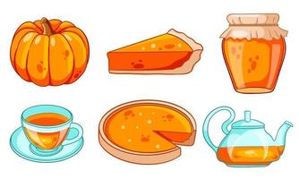 conjunto de otoño. calabaza, té caliente, tetera, taza, pastel de calabaza, mermelada. vector