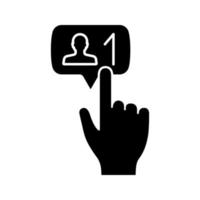 New follower button click glyph icon. Silhouette symbol. Social media subscriber. New friend. Hand pressing button. Negative space. Vector isolated illustration