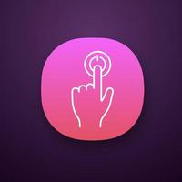 Power button click app icon. UI UX user interface. Start. Turn on. Hand pressing button. Web or mobile applications. Vector isolated illustration