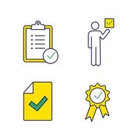 Approve color icons set. Verification and validation. Task planning, voter, document verification, award medal. Isolated vector illustrations
