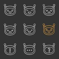 Robot emojis chalk icons set. Chatbot emoticons. Chat bot smileys. Artificial intelligence. Virtual assistant. Artificial conversational entity. Isolated vector chalkboard illustrations