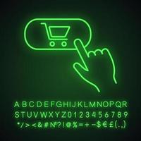 Buy button neon light icon. Glowing sign with alphabet, numbers and symbols. Add to cart. Online shopping. Digital purchase. Vector isolated illustration