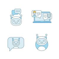 Chatbots color icons set. Virtual assistants. Messenger and chat bots. Modern robots. Smartphone and laptop chatterbots. Isolated vector illustrations