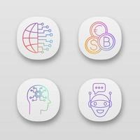 Artificial intelligence app icons set. UI UX user interface. Big data, currency exchange, robot, chat bot. Web or mobile applications. Vector isolated illustrations