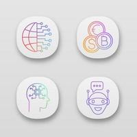 Conjunto de iconos de aplicaciones de inteligencia artificial. interfaz de usuario ui ux. big data, cambio de moneda, robot, chat bot. aplicaciones web o móviles. ilustraciones vectoriales aisladas vector