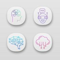 Artificial intelligence app icons set. UI UX user interface. Neural network. Neurotechnology. Chat bot, AI, digital brain, cloud computing. Web or mobile applications. Vector isolated illustrations