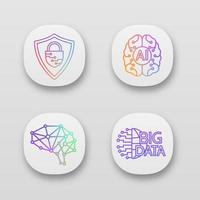 Artificial intelligence app icons set. UI UX user interface. AI, neural network, cybersecurity, big data. Web or mobile applications. Vector isolated illustrations
