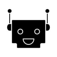 Chat bot glyph icon. Silhouette symbol. Talkbot. Modern robot. Square head laughing chat bot. Virtual assistant. Conversational agent. Negative space. Vector isolated illustration