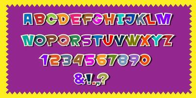 lindas letras del alfabeto de papel de colores, números y signos de puntuación, fuente de estilo de dibujos animados vector