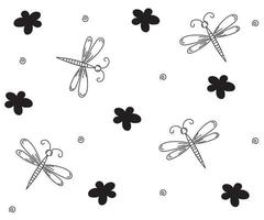 seamless doodle black and white pattern with dragonflies and flowers