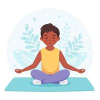 Boy meditating in lotus pose. Yoga and meditation for kids vector