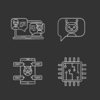 Conjunto de iconos de tiza de chatbots. asistentes virtuales. bots de mensajería y chat. procesador. robots modernos. chatbots de teléfonos inteligentes. ilustraciones de pizarra vector aislado