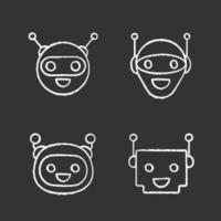 Chatbots chalk icons set. Talkbots. Laughing virtual assistants collection. Conversational agents. Modern robots. Isolated vector chalkboard illustrations