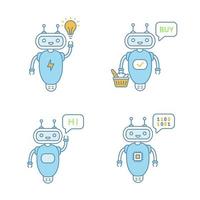 Chatbots color icons set. Talkbots. Virtual assistants. New idea, buy, hi, code chat bots. Modern robots. Isolated vector illustrations