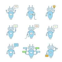 Chatbots color icons set. Talkbots. Question, USB, idea, free, not found, hi, error, typing, repair chat bots. Modern robots. Isolated vector illustrations