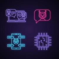 Conjunto de iconos de luz de neón de chatbots. asistentes virtuales. bots de mensajería y chat. procesador. robots modernos. chatbots de teléfonos inteligentes. signos brillantes. ilustraciones vectoriales aisladas vector