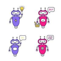 Chatbots color icons set. Talkbots. Virtual assistants. New idea, buy, hi, code chat bots. Modern robots. Isolated vector illustrations